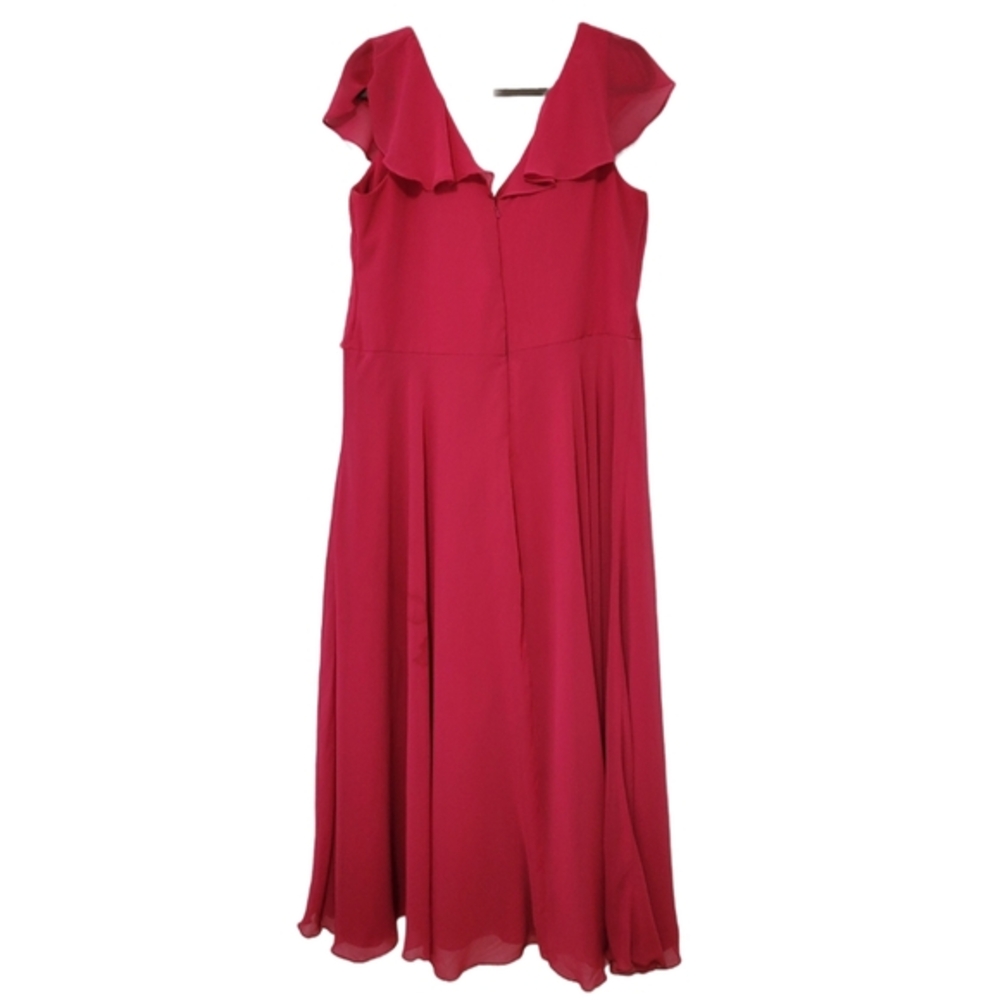 Hayley Paige Occasions Flamingo Pink Chiffon A-line Gown Ruffled V Neck, Size 22 - Picture 8 of 14